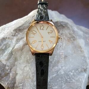 Nine West Gold Tone Watch with Black Croc-Embossed Leather Strap Classic Look